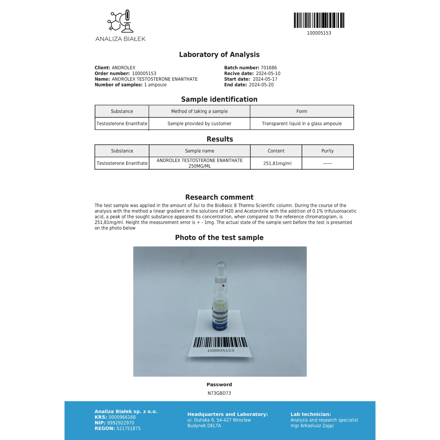 Testosterone enanthate Vial